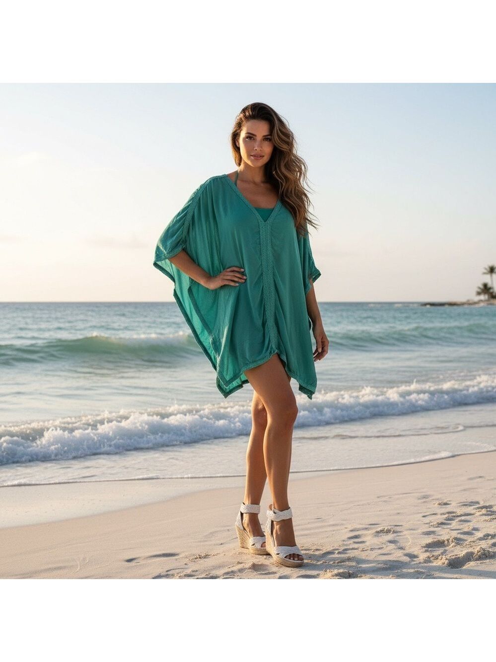 Turquoise V-Neck Lace Trim Poncho Swim Coverup Top approximate sz XL unbranded